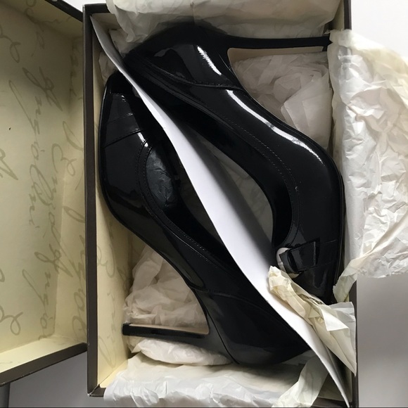 Enzo Angiolini Eamurray Patent Leather Silver Buckle Black Open Toe Pumps Shoes - Picture 7 of 16